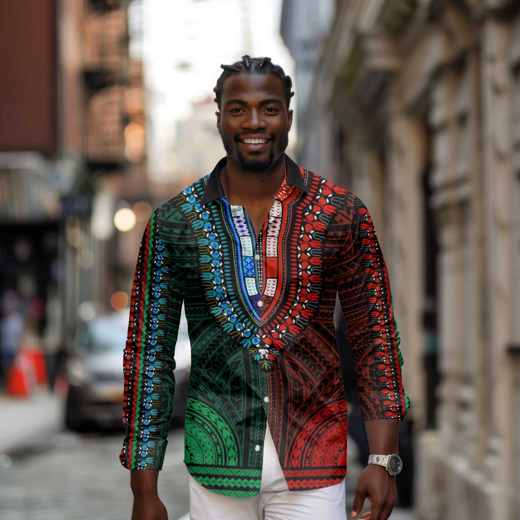 African Dashiki and Polynesian Pattern Long Sleeve Button Shirt Half Green-Red