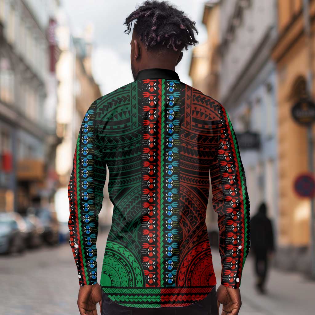 African Dashiki and Polynesian Pattern Long Sleeve Button Shirt Half Green-Red