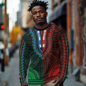African Dashiki and Polynesian Pattern Long Sleeve Shirt Half Green-Red