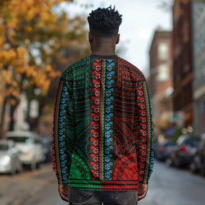 African Dashiki and Polynesian Pattern Long Sleeve Shirt Half Green-Red