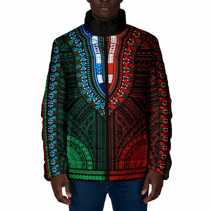 African Dashiki and Polynesian Pattern Padded Jacket Half Green-Red