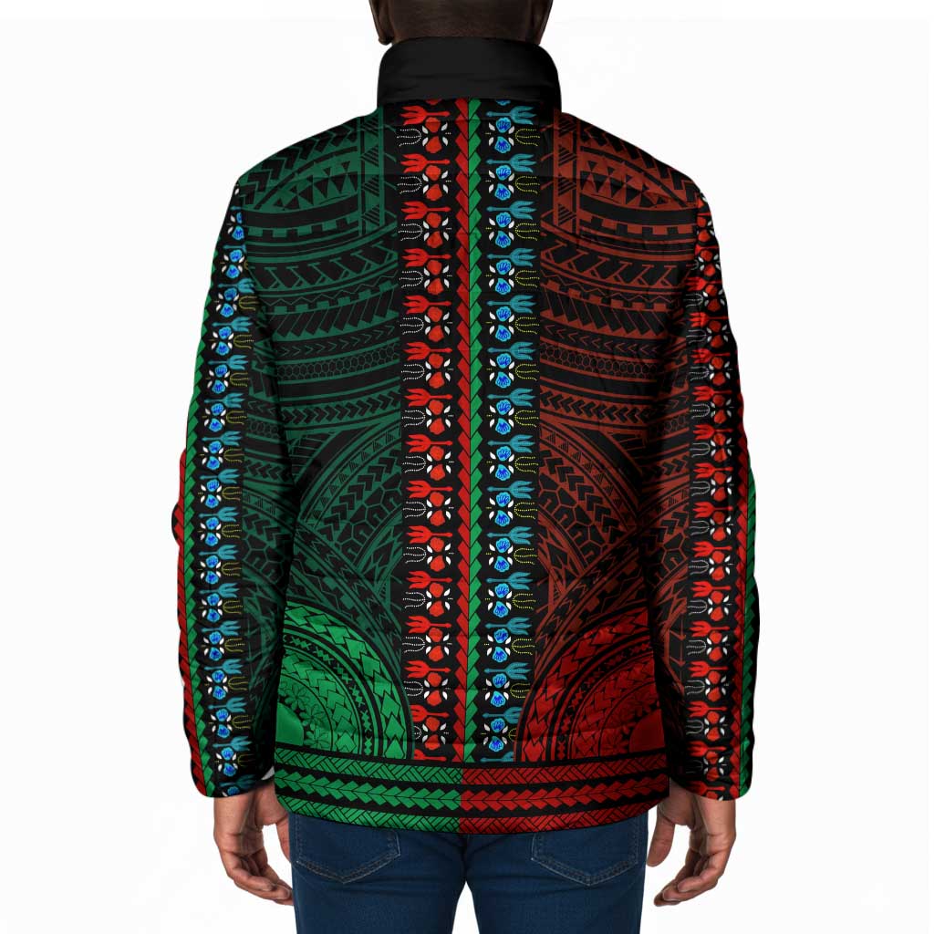 African Dashiki and Polynesian Pattern Padded Jacket Half Green-Red