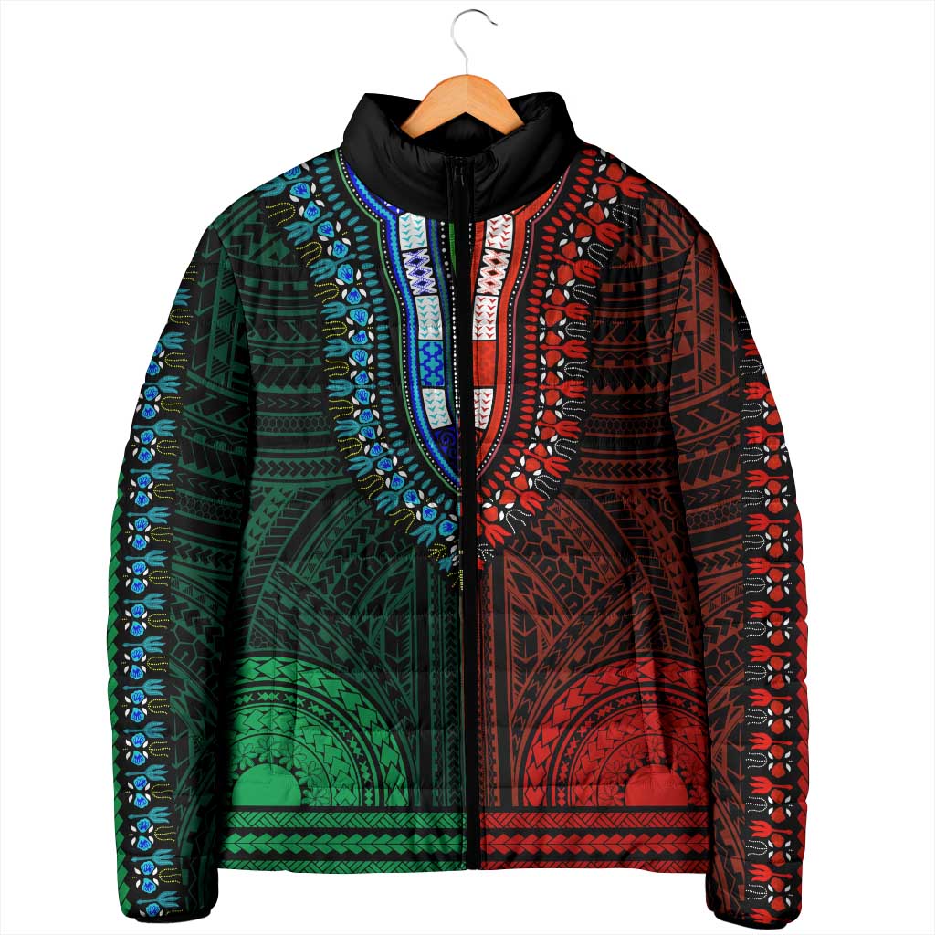 African Dashiki and Polynesian Pattern Padded Jacket Half Green-Red