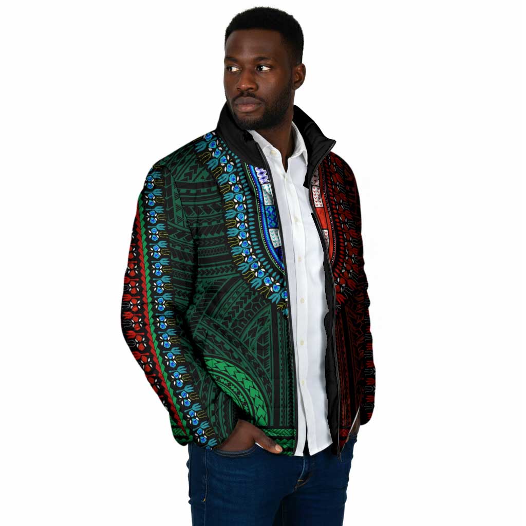 African Dashiki and Polynesian Pattern Padded Jacket Half Green-Red