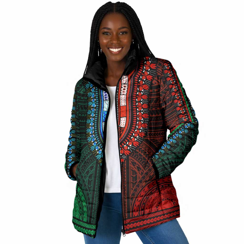 African Dashiki and Polynesian Pattern Padded Jacket Half Green-Red