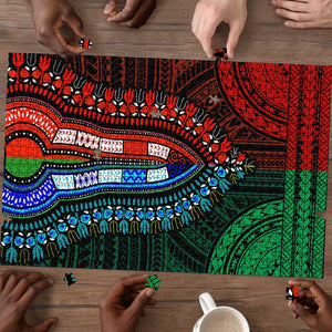 African Dashiki and Polynesian Pattern Puzzle Half Green-Red