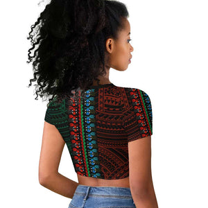African Dashiki and Polynesian Pattern Raglan Cropped T shirt Half Green-Red