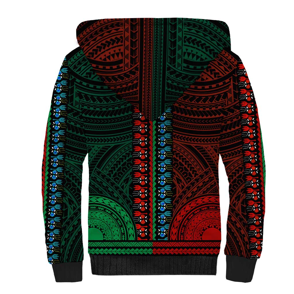 African Dashiki and Polynesian Pattern Sherpa Hoodie Half Green-Red
