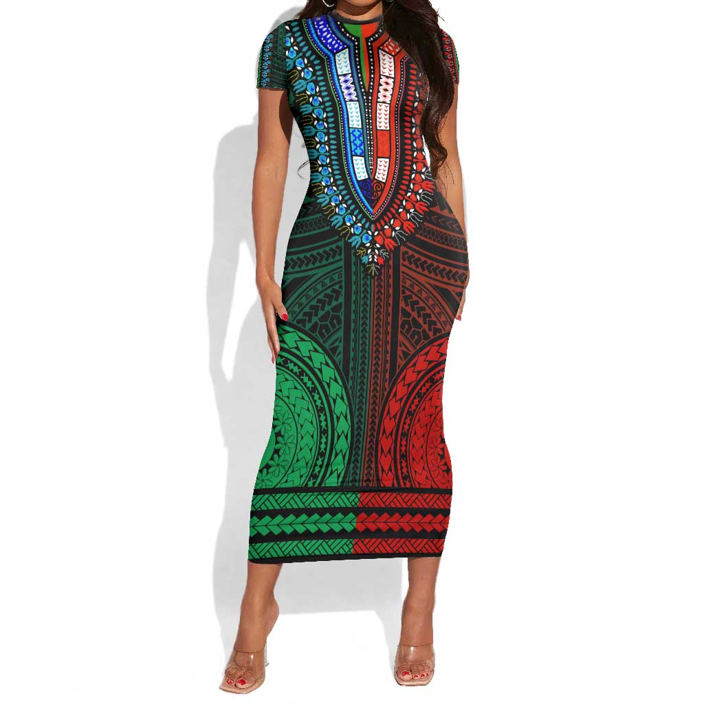 African Dashiki and Polynesian Pattern Short Sleeve Bodycon Dress Half Green-Red LT9