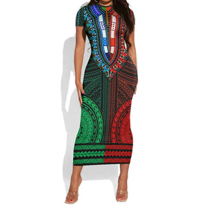 African Dashiki and Polynesian Pattern Short Sleeve Bodycon Dress Half Green-Red LT9