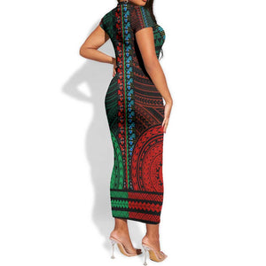 African Dashiki and Polynesian Pattern Short Sleeve Bodycon Dress Half Green-Red LT9