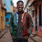 African Dashiki and Polynesian Pattern Sleeve Zip Bomber Jacket Half Green-Red