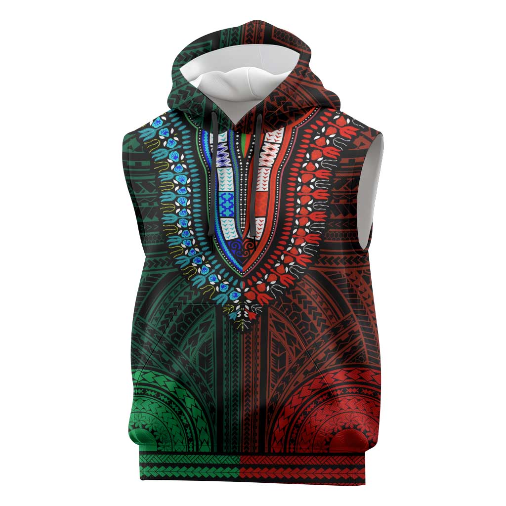 African Dashiki and Polynesian Pattern Sleeveless Hoodie Half Green-Red - African Pride