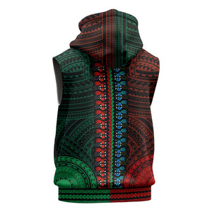African Dashiki and Polynesian Pattern Sleeveless Hoodie Half Green-Red - African Pride