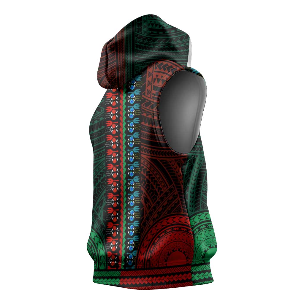 African Dashiki and Polynesian Pattern Sleeveless Hoodie Half Green-Red - African Pride