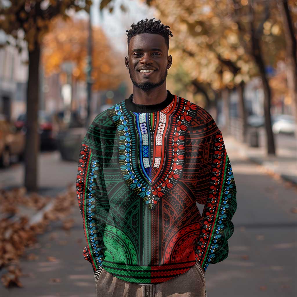 African Dashiki and Polynesian Pattern Sweatshirt Half Green-Red