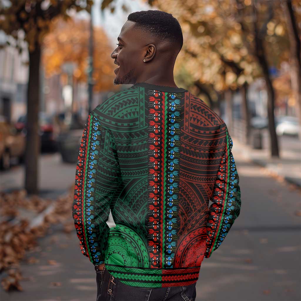 African Dashiki and Polynesian Pattern Sweatshirt Half Green-Red