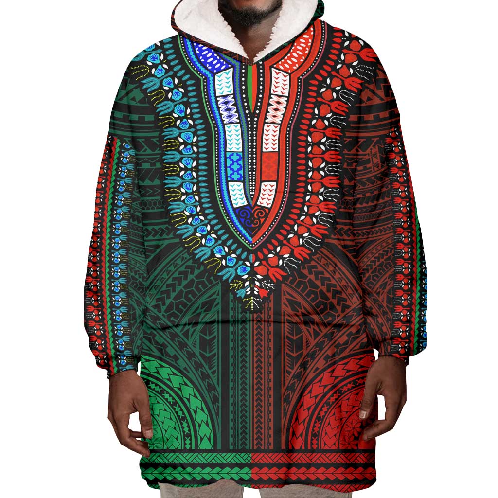 African Dashiki and Polynesian Pattern Wearable Blanket Hoodie Half Green-Red