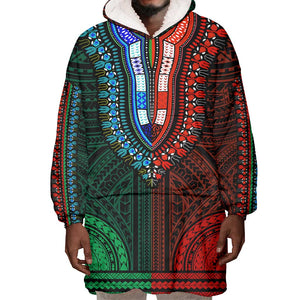 African Dashiki and Polynesian Pattern Wearable Blanket Hoodie Half Green-Red