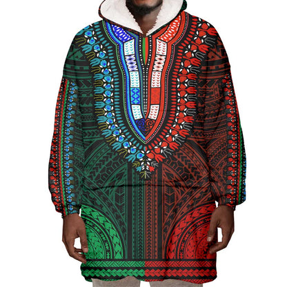 African Dashiki and Polynesian Pattern Wearable Blanket Hoodie Half Green-Red