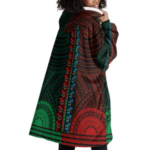 African Dashiki and Polynesian Pattern Wearable Blanket Hoodie Half Green-Red