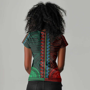 African Dashiki and Polynesian Pattern Women V-Neck T-Shirt Half Green-Red