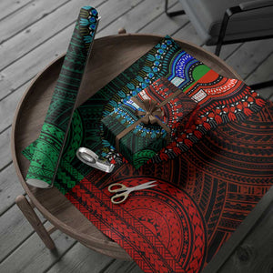 African Dashiki and Polynesian Pattern Wrapping Paper Half Green-Red - African Pride
