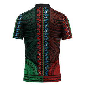 African Dashiki and Polynesian Pattern Zipper Polo Shirt Half Green-Red