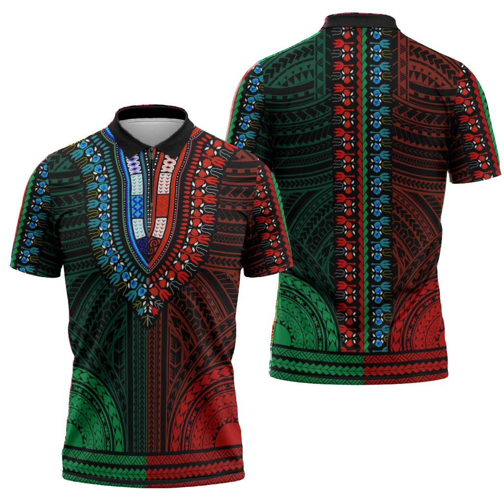 African Dashiki and Polynesian Pattern Zipper Polo Shirt Half Green-Red