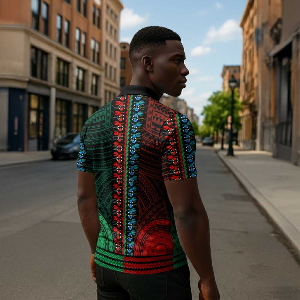 African Dashiki and Polynesian Pattern Zipper Polo Shirt Half Green-Red