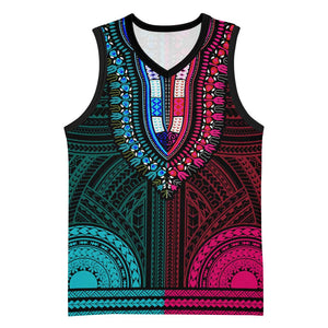 African Dashiki and Polynesian Pattern Basketball Jersey Half Teal-Pink - African Pride
