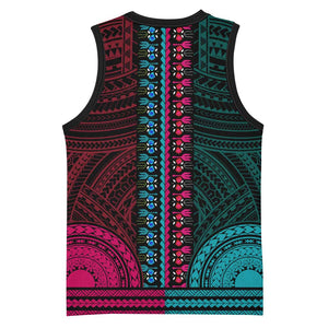 African Dashiki and Polynesian Pattern Basketball Jersey Half Teal-Pink - African Pride