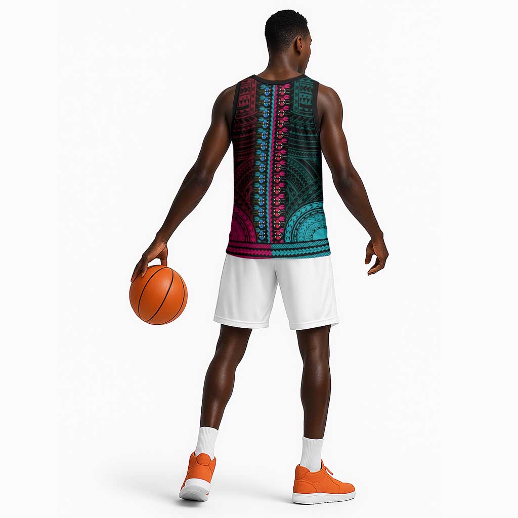 African Dashiki and Polynesian Pattern Basketball Jersey Half Teal-Pink - African Pride
