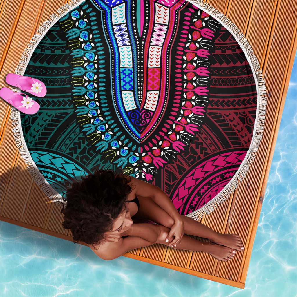 African Dashiki and Polynesian Pattern Beach Blanket Half Teal-Pink