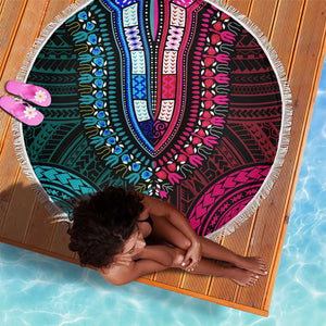 African Dashiki and Polynesian Pattern Beach Blanket Half Teal-Pink