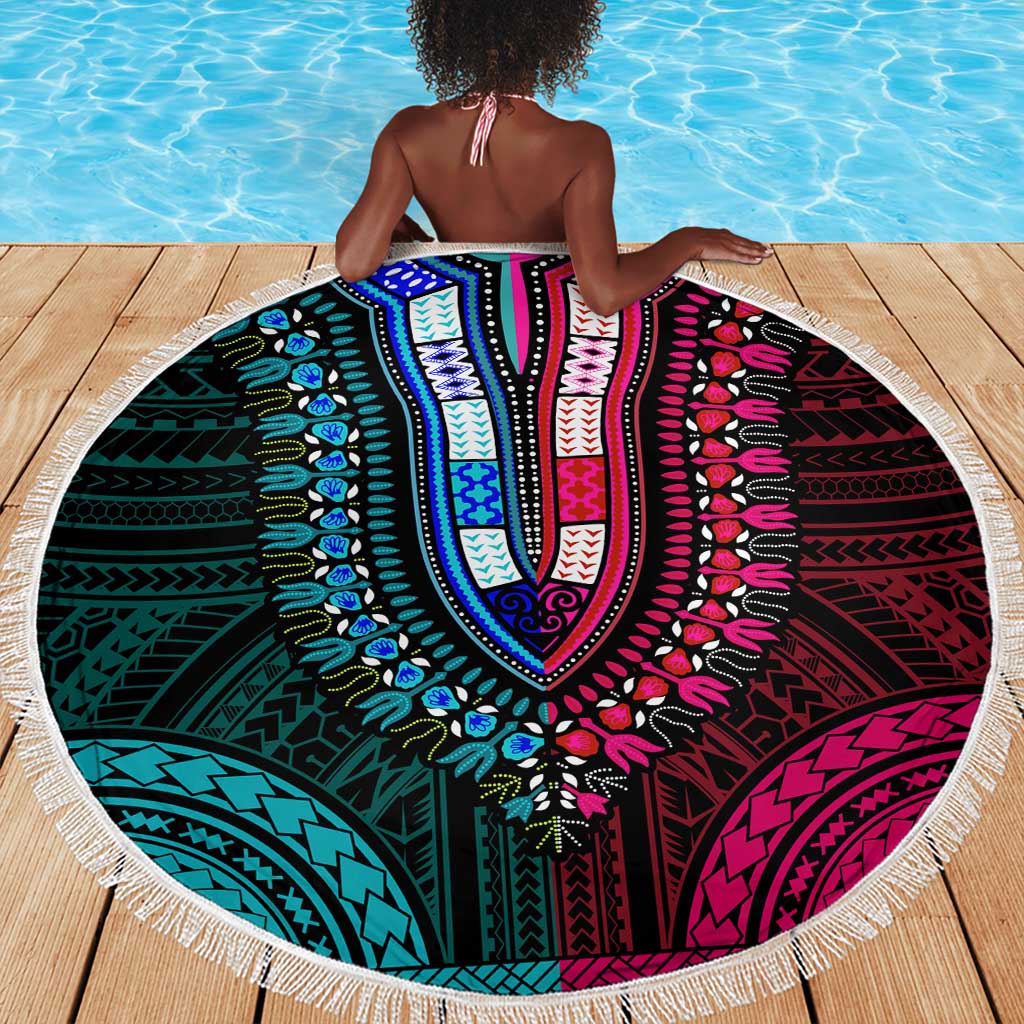 African Dashiki and Polynesian Pattern Beach Blanket Half Teal-Pink