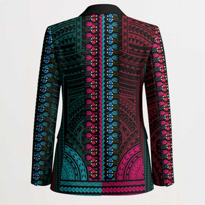 African Dashiki and Polynesian Pattern Blazer Half Teal-Pink