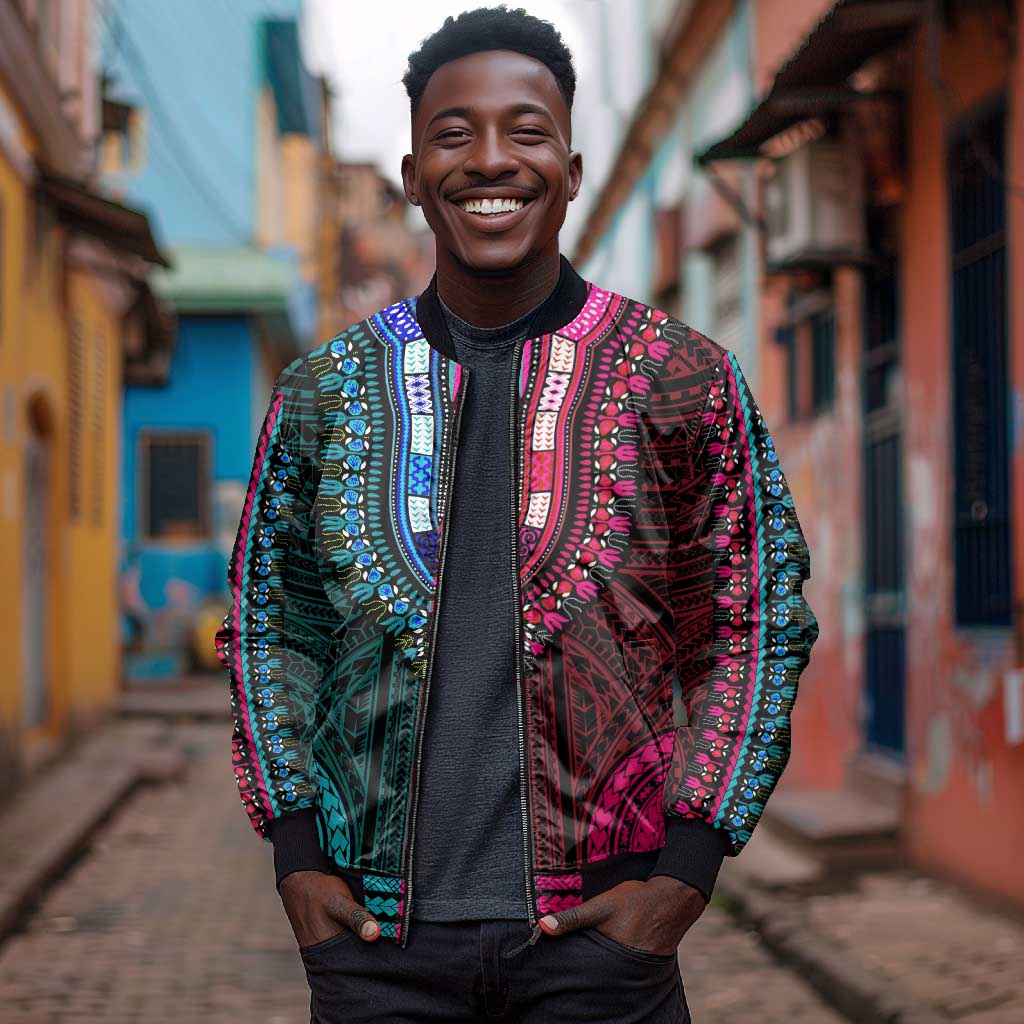 African Dashiki and Polynesian Pattern Bomber Jacket Half Teal-Pink
