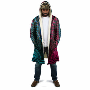 African Dashiki and Polynesian Pattern Cloak Half Teal-Pink