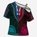 African Dashiki and Polynesian Pattern Cross Shoulder Shirt Half Teal-Pink