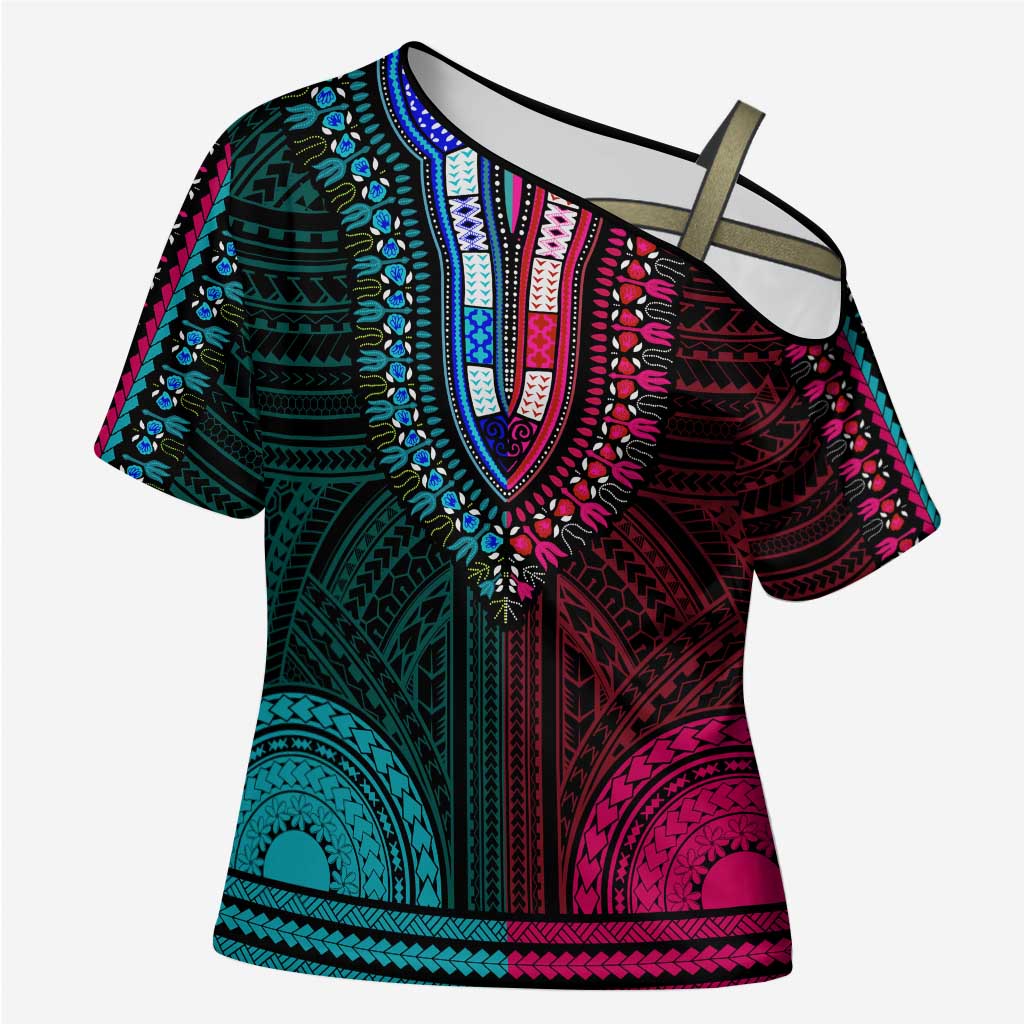 African Dashiki and Polynesian Pattern Cross Shoulder Shirt Half Teal-Pink
