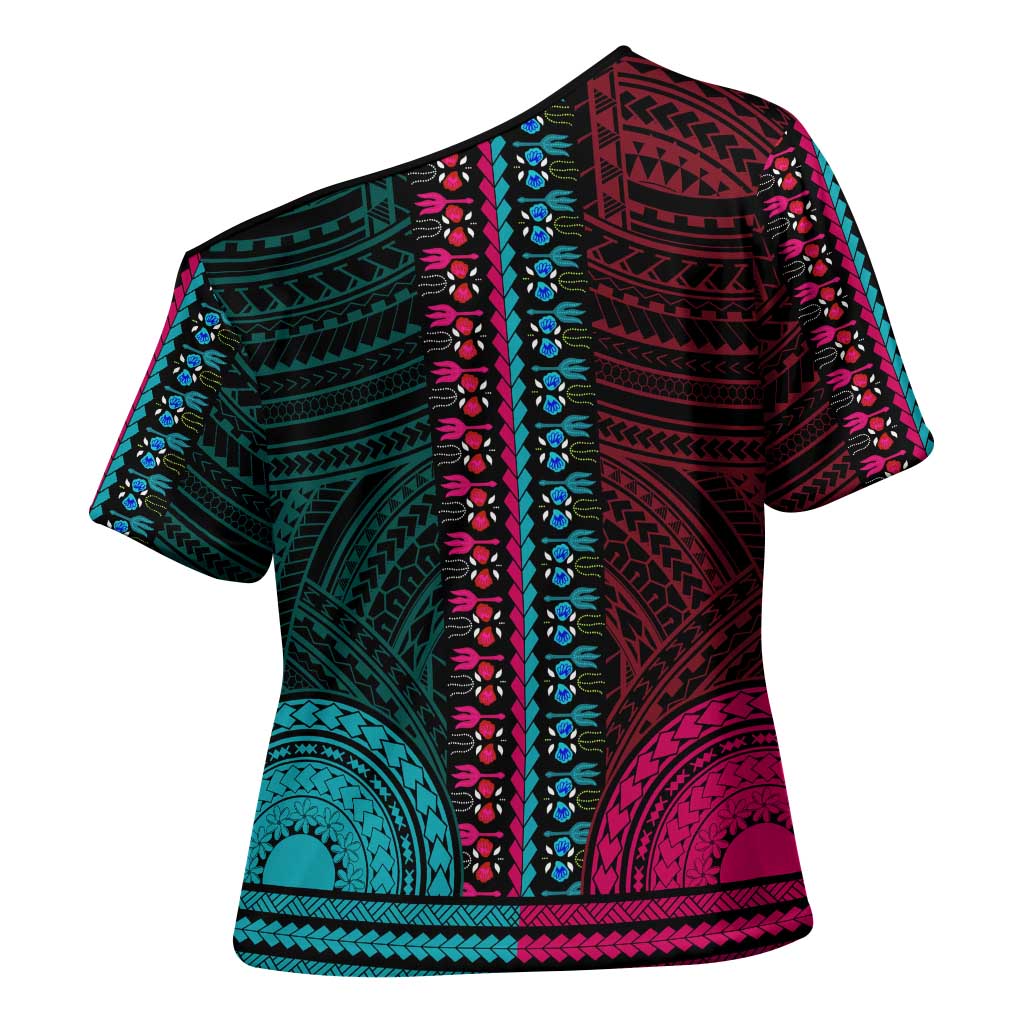 African Dashiki and Polynesian Pattern Cross Shoulder Shirt Half Teal-Pink