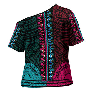African Dashiki and Polynesian Pattern Cross Shoulder Shirt Half Teal-Pink