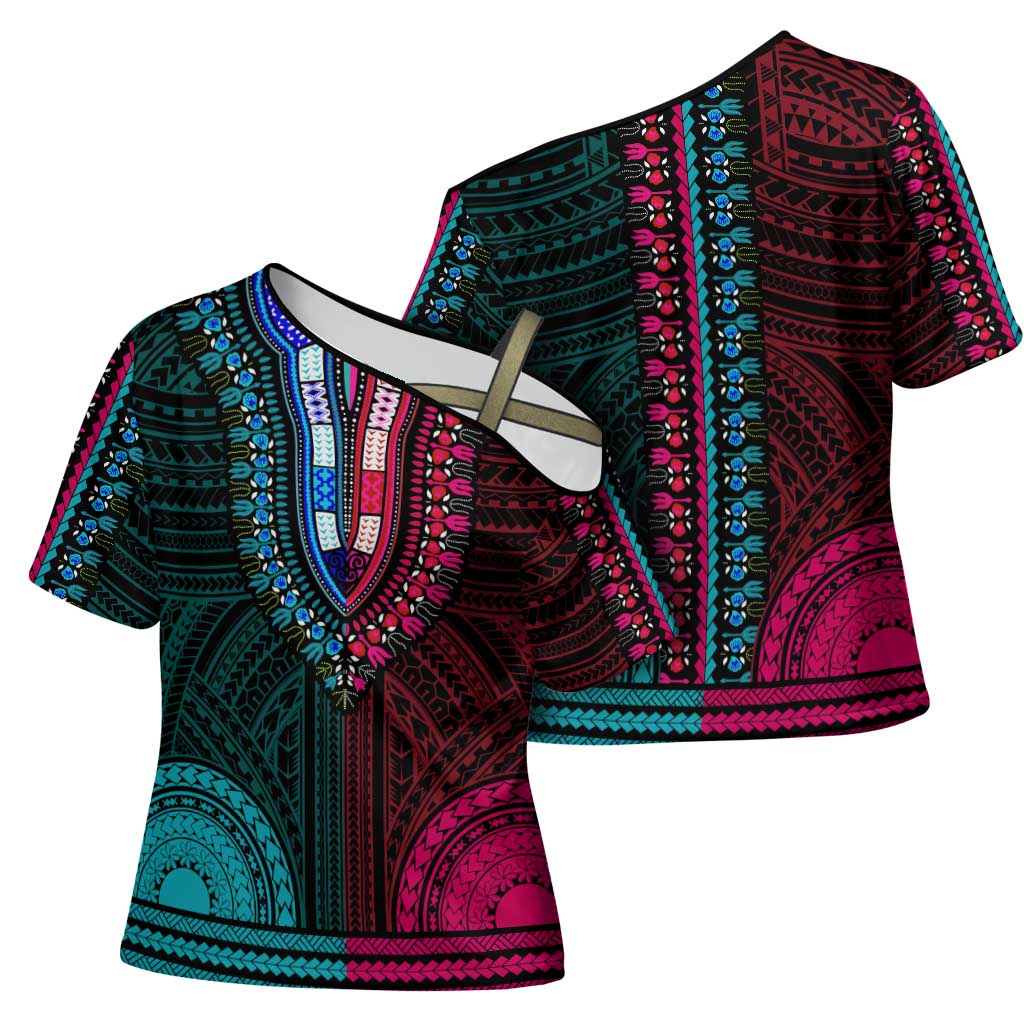 African Dashiki and Polynesian Pattern Cross Shoulder Shirt Half Teal-Pink