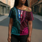 African Dashiki and Polynesian Pattern Cross Shoulder Shirt Half Teal-Pink