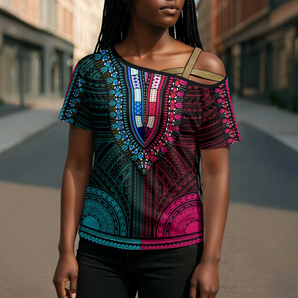 African Dashiki and Polynesian Pattern Cross Shoulder Shirt Half Teal-Pink