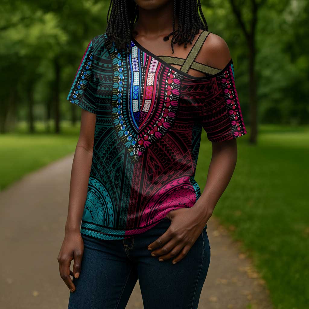 African Dashiki and Polynesian Pattern Cross Shoulder Shirt Half Teal-Pink