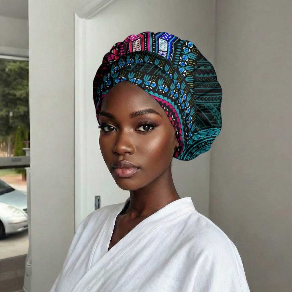 African Dashiki and Polynesian Pattern Easy Headwrap Half Teal-Pink