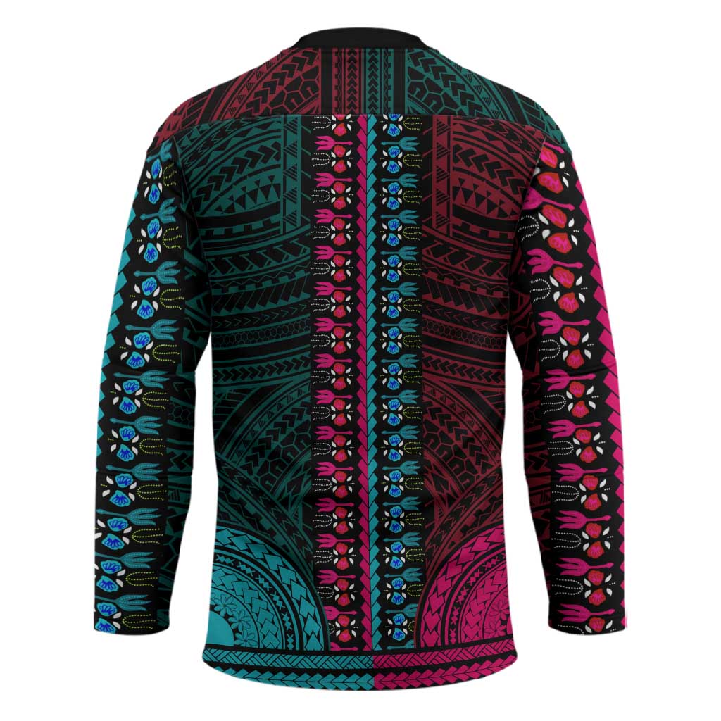 African Dashiki and Polynesian Pattern Hockey Jersey Half Teal-Pink