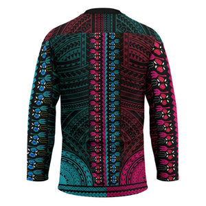 African Dashiki and Polynesian Pattern Hockey Jersey Half Teal-Pink